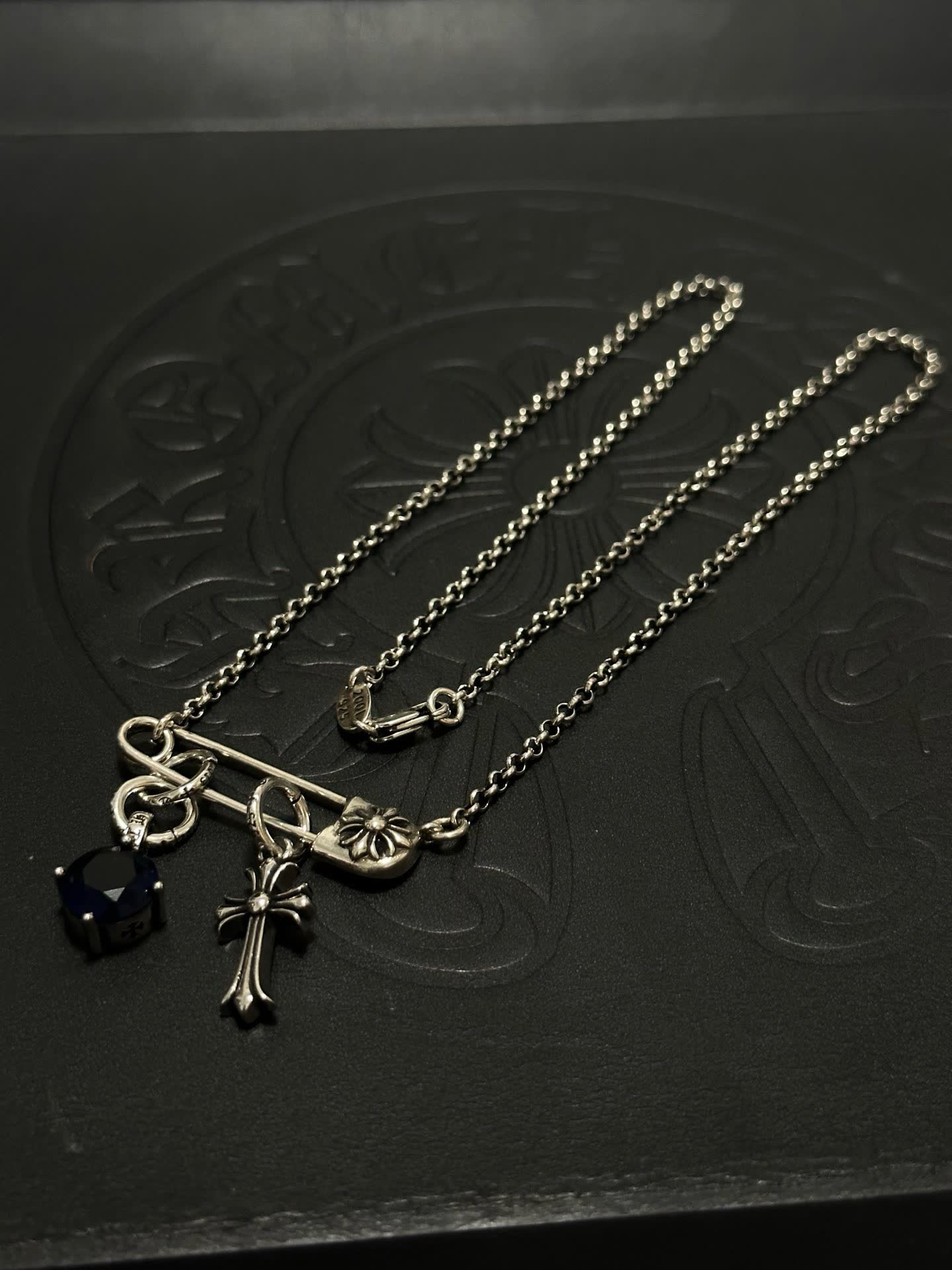 Chrome Hearts Silver Cross and Lock Charm Necklace with Blue Gemstone